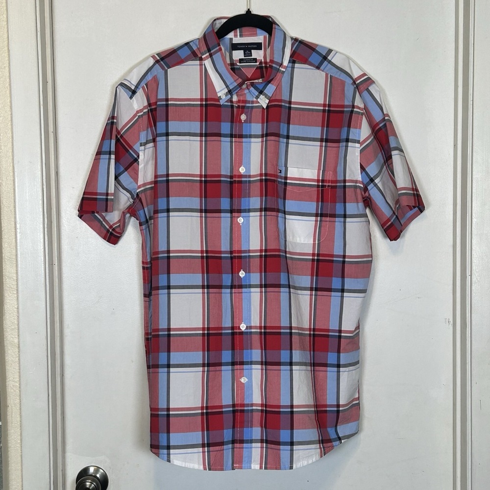 Tommy Hilfiger Men's Short Sleeve Button-Up Red White Blue Plaid XL 100 Cotton - Picture 2 of 8
